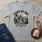 Light grey Gildan Softstyle t-shirt with "Found My Way" graphic featuring a person and dog hiking.