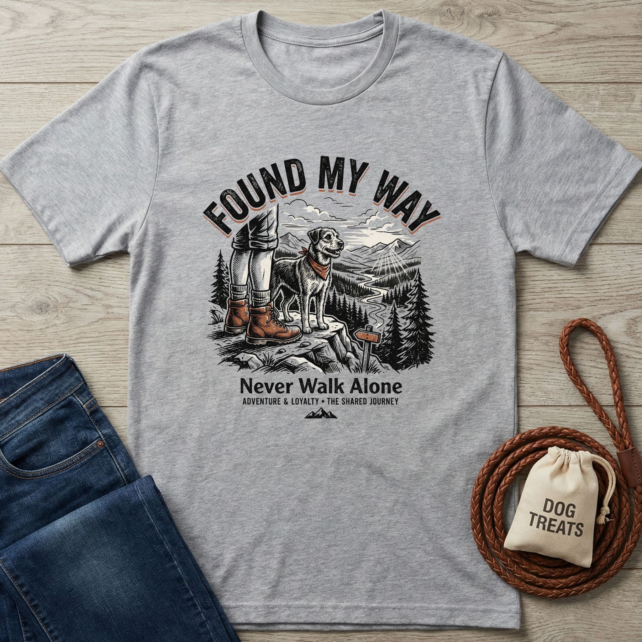 Light grey Gildan Softstyle t-shirt with "Found My Way" graphic featuring a person and dog hiking.
