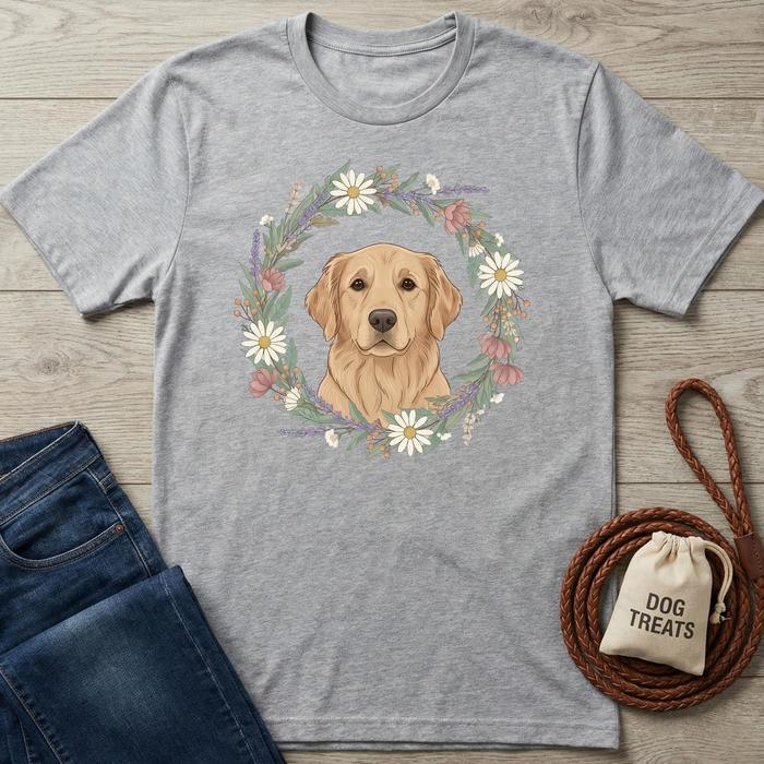 Gray t-shirt with a dog illustration and floral wreath on a wooden surface with jeans and a dog treat bag.