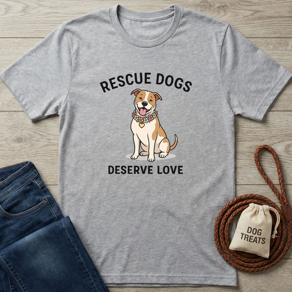 Heather grey Gildan Softstyle® t-shirt with "Rescue Dogs Deserve Love" text and a happy dog graphic.