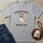 Heather grey Gildan Softstyle® t-shirt with "Rescue Dogs Deserve Love" text and a happy dog graphic.