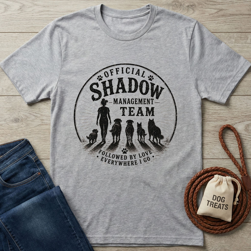 Heather gray crewneck t-shirt with "Official Shadow Management Team" graphic featuring a person and five dogs.