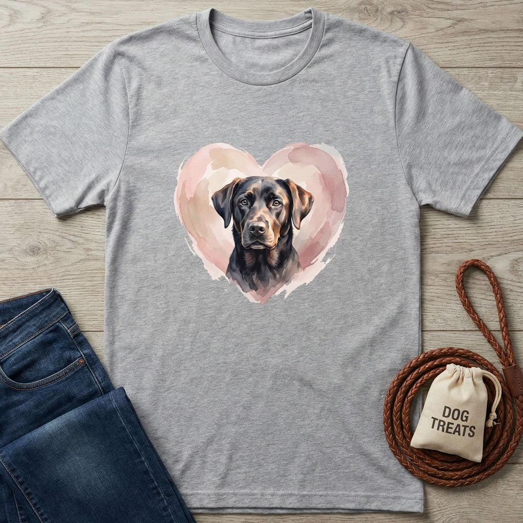 Light grey Gildan Softstyle t-shirt with a black lab in a pink watercolor heart, next to jeans and dog treats.