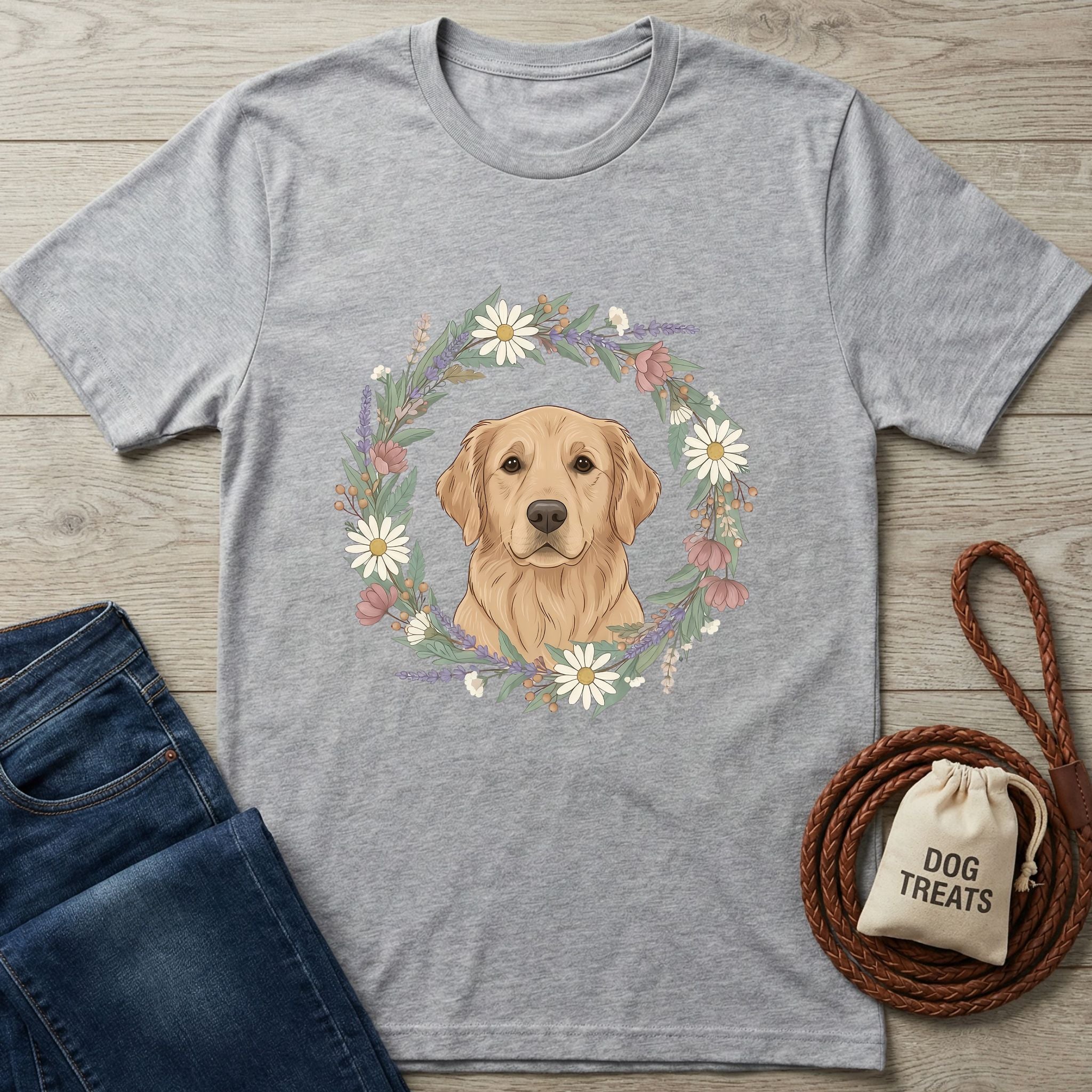 Heather grey Gildan Softstyle t-shirt with a golden retriever in a floral wreath design.