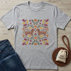 Light grey Gildan Softstyle t-shirt with two dachshunds surrounded by fall leaves and pumpkins.
