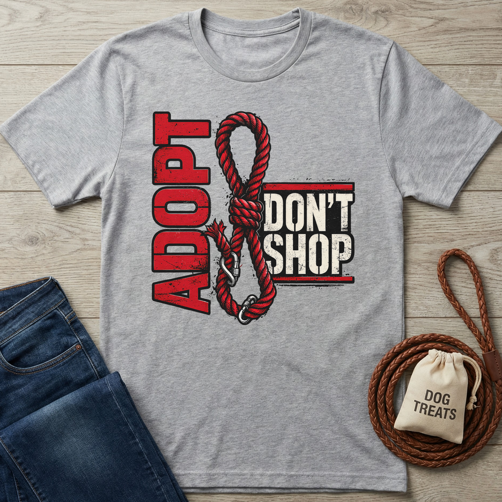 Gray "Adopt Don't Shop" V2 T-shirt with red rope design, next to folded jeans and dog treats.