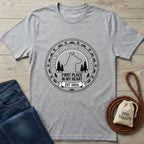Light gray Gildan Softstyle® t-shirt with a black "Second Chance Rescue League" dog and forest graphic.