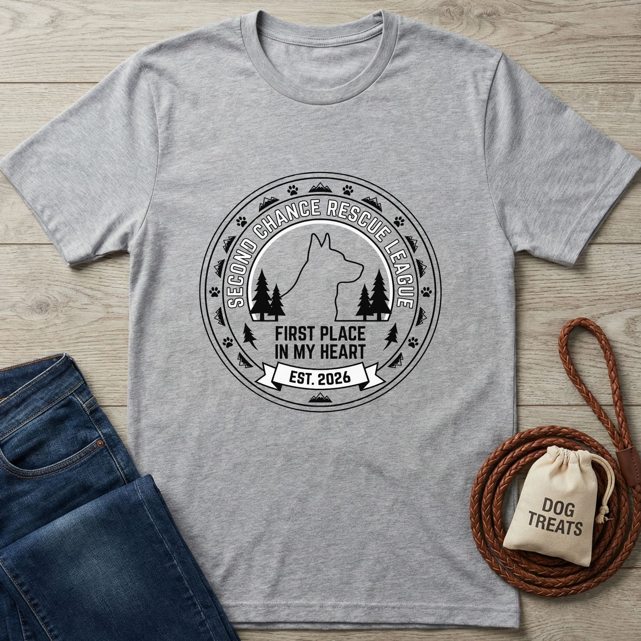 Light gray Gildan Softstyle® t-shirt with a black "Second Chance Rescue League" dog and forest graphic.