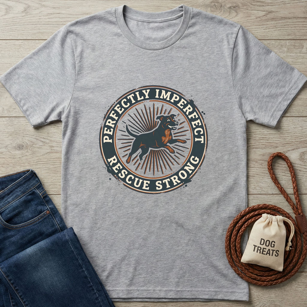 Light grey Gildan Softstyle® t-shirt with "Perfectly Imperfect Rescue Strong" graphic featuring a running dog.