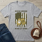 Light grey "Rescue Mission" tee with distressed US flag, dog tags, paw print, and "No Dog Left Behind" text.