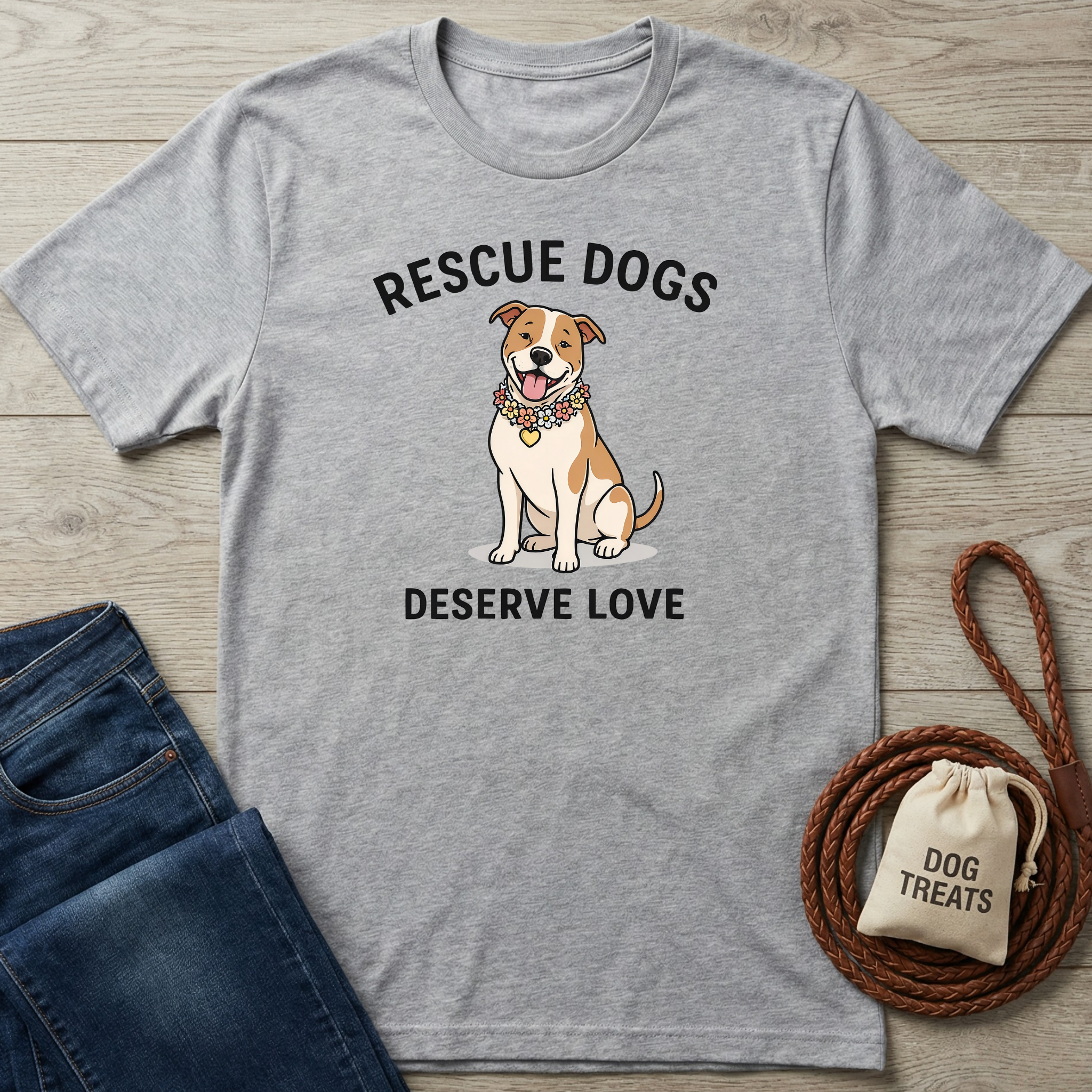 Gray cotton t-shirt with "Rescue Dogs Deserve Love" text and a cartoon pit bull wearing a flower lei.