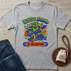 Gray 90's Rescue Squad T-shirt with a cool dog on a skateboard design, surrounded by arrows and stars.
