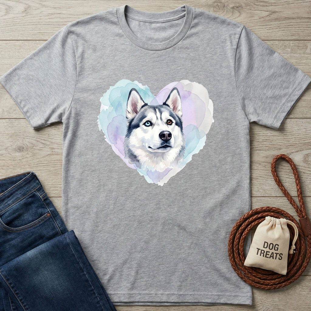 Husky Heart T-Shirt: Grey Gildan Softstyle® tee with a watercolor husky head in a pastel heart.