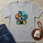 Gray Wonder Paw T-Shirt with a colorful paw print design featuring a black dog wearing a "Rescue Dog" bandana.