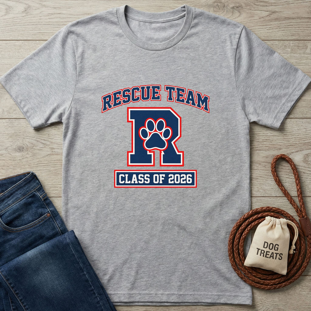Light grey Gildan Softstyle® t-shirt with "RESCUE TEAM" and "CLASS OF 2026" in red and blue, featuring a paw print.