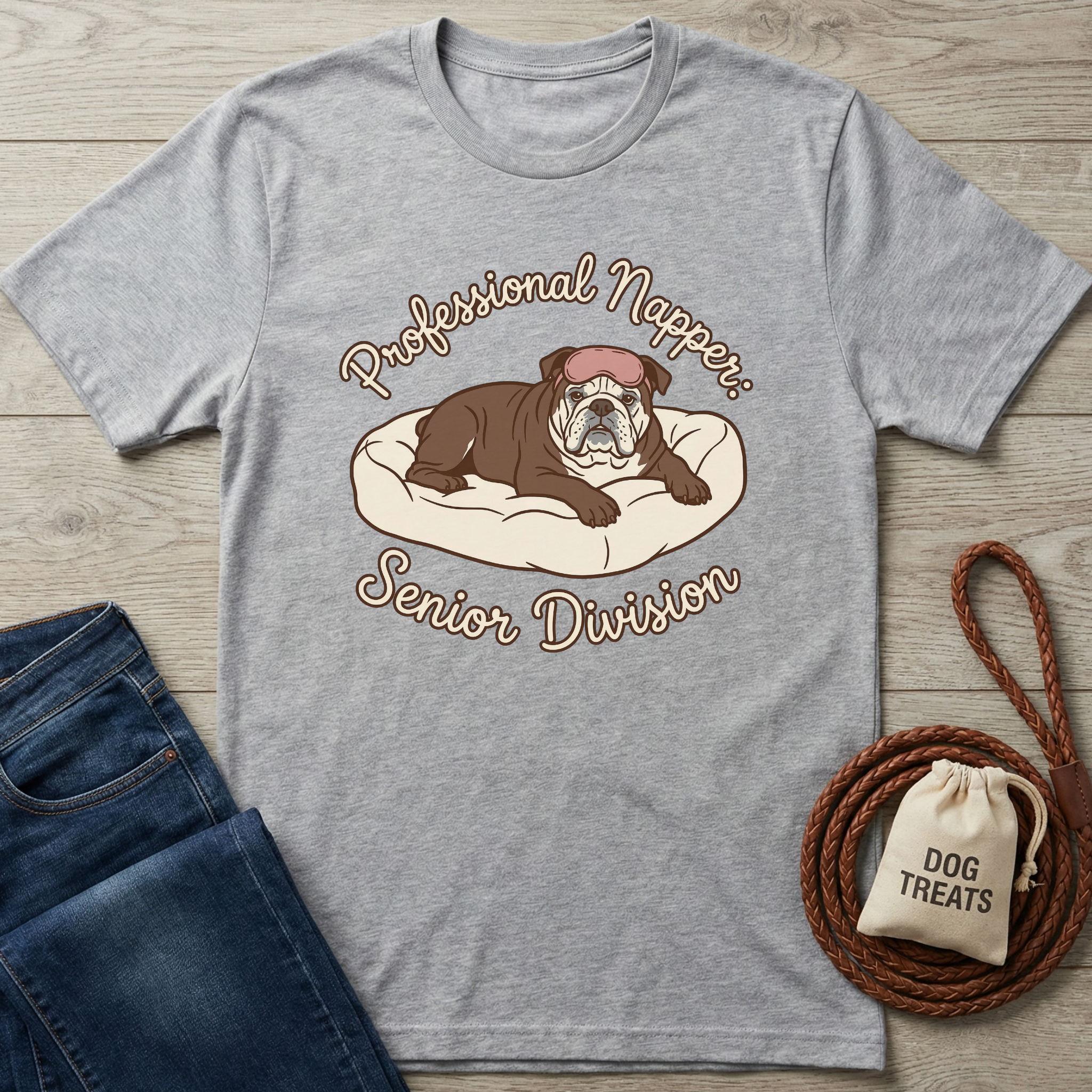 Heather grey cotton t-shirt with "Professional Napper: Senior Division" text and a bulldog sleeping on a dog bed.