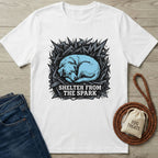 White Gildan Softstyle T-shirt with a blue sleeping rescue dog graphic and "Shelter From The Spark" text.