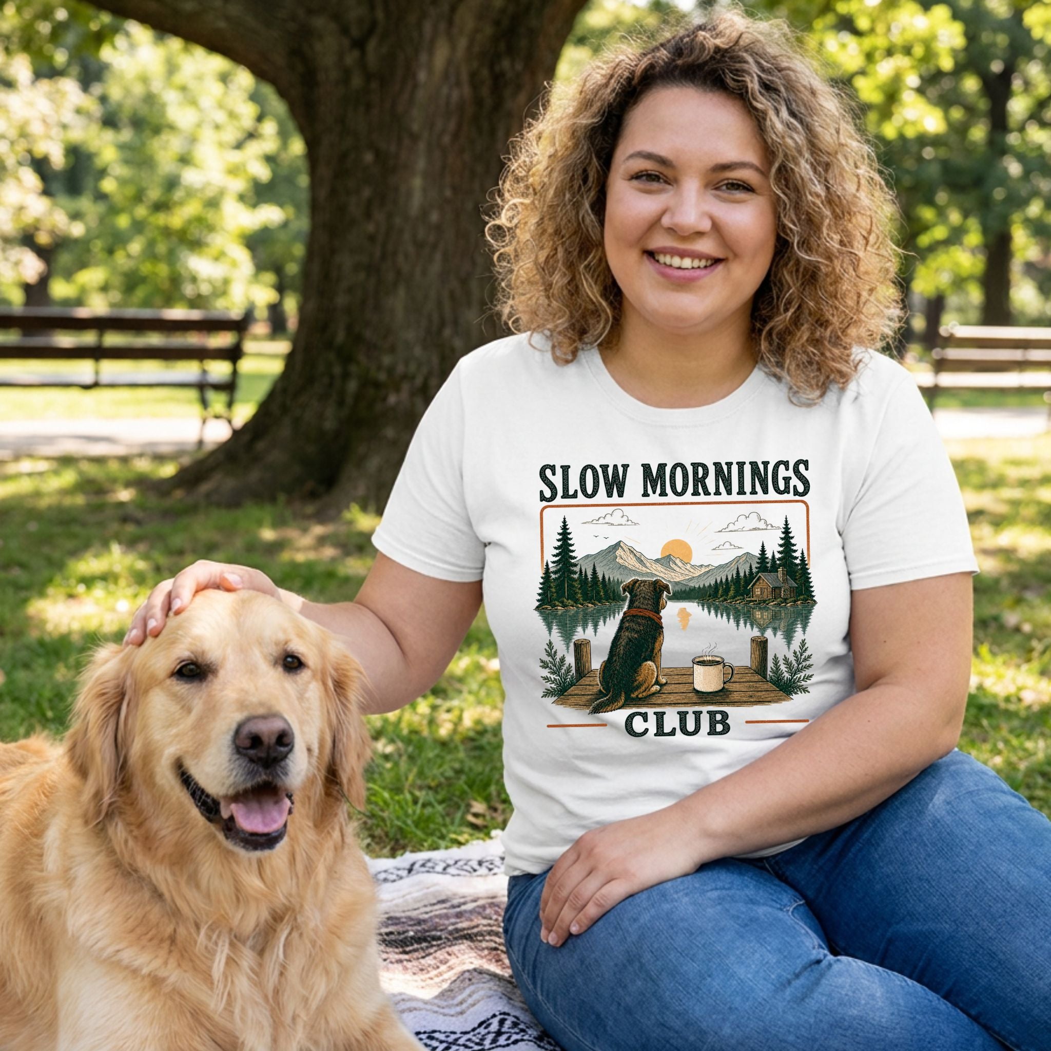 Woman wearing a white Slow Mornings Club graphic t-shirt featuring a dog and lakeside sunrise while petting a golden retriever.