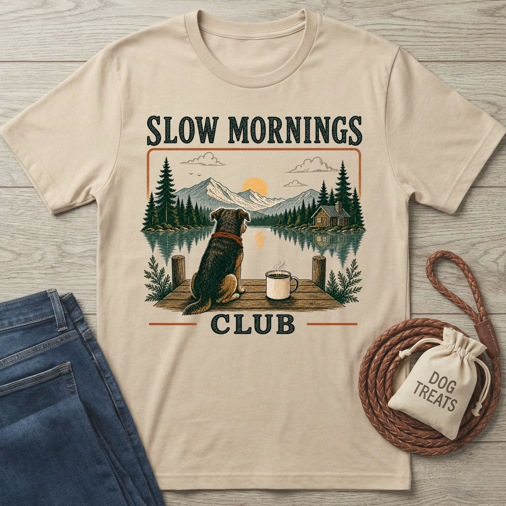 Beige cotton t-shirt featuring a graphic of a dog and coffee mug on a dock overlooking a lake at sunrise.