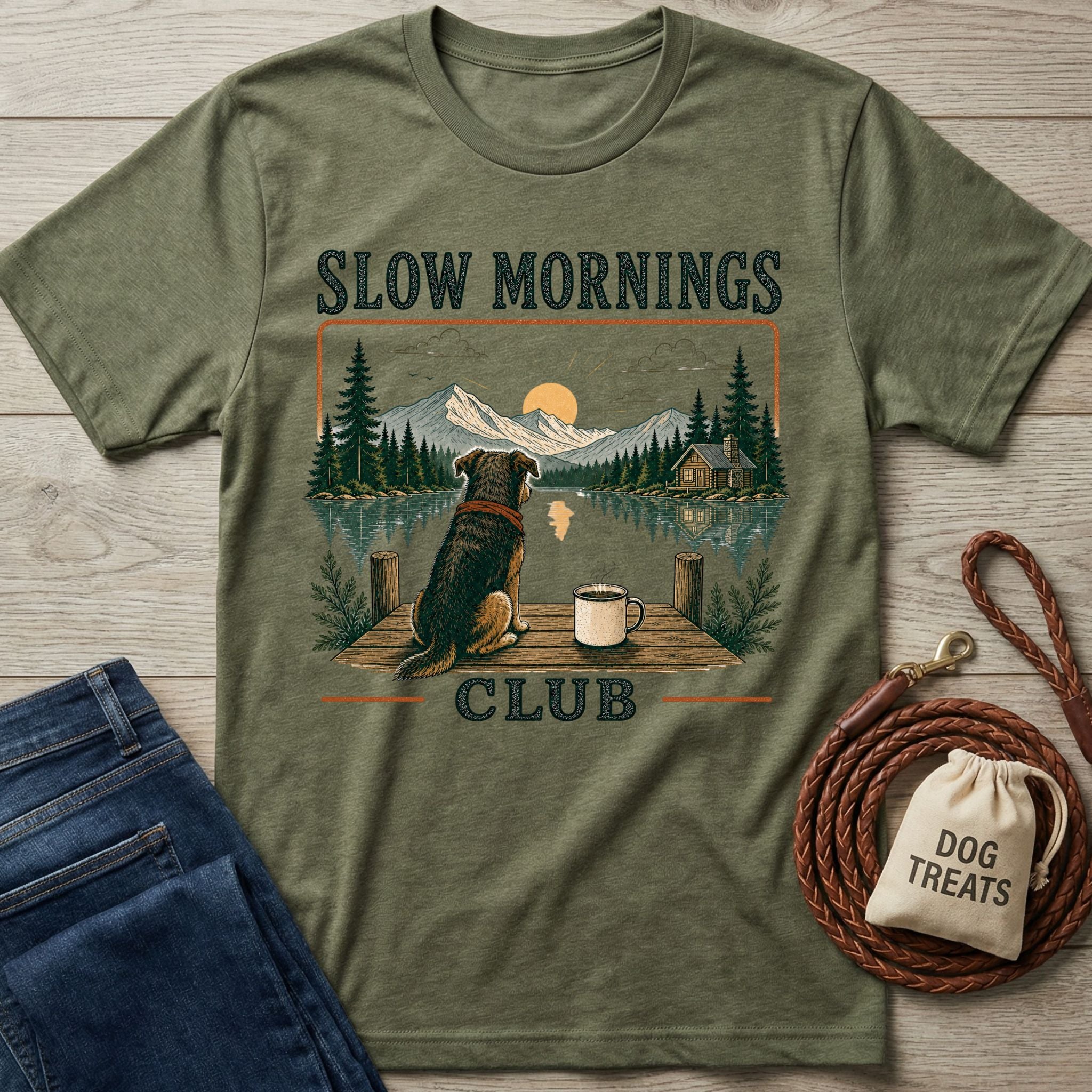 Olive green crewneck t-shirt featuring a graphic of a dog and coffee mug on a dock overlooking a mountain lake sunrise.