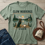 Sage green cotton t-shirt featuring a dog and coffee mug on a dock with a lakeside sunrise mountain graphic.