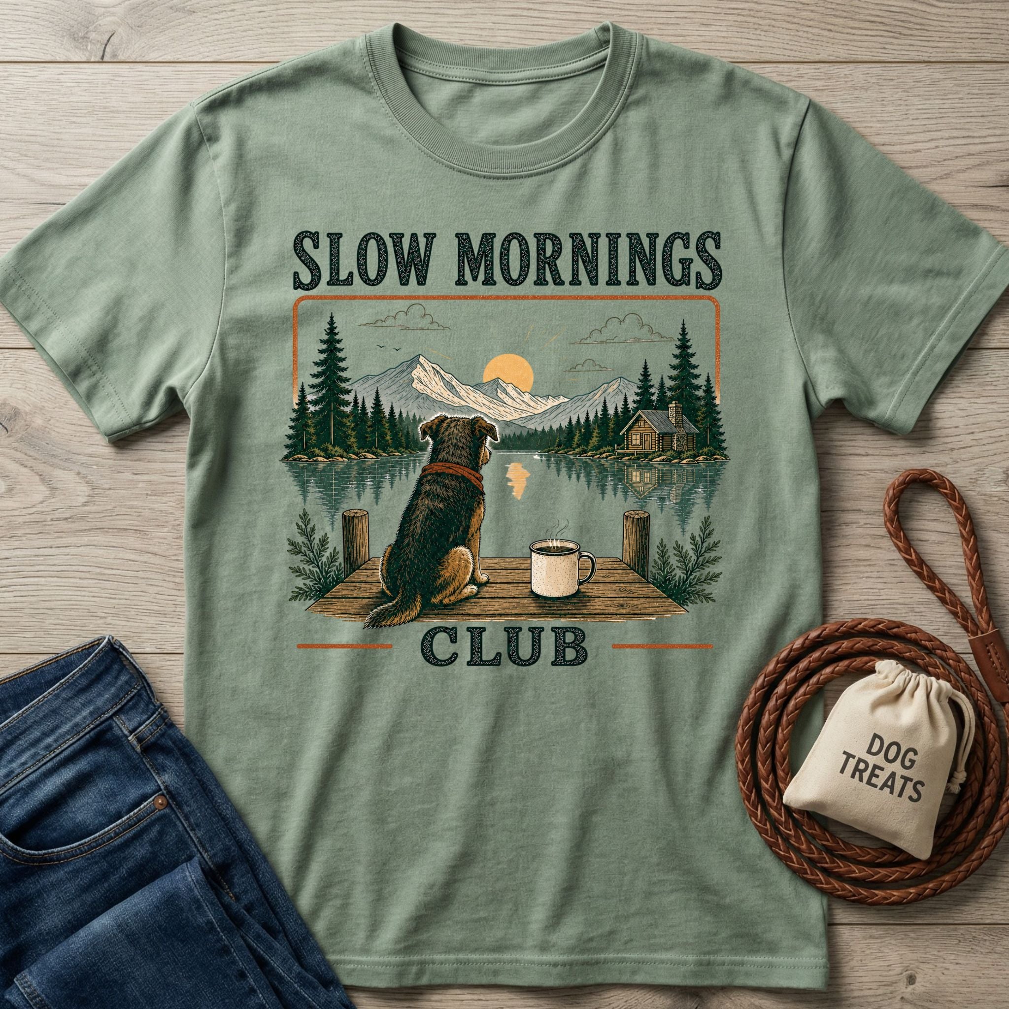 Sage green cotton t-shirt featuring a dog and coffee mug on a dock with a lakeside sunrise mountain graphic.