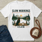 White crewneck t-shirt featuring a dog and coffee mug by a lake with a Slow Mornings Club graphic print.