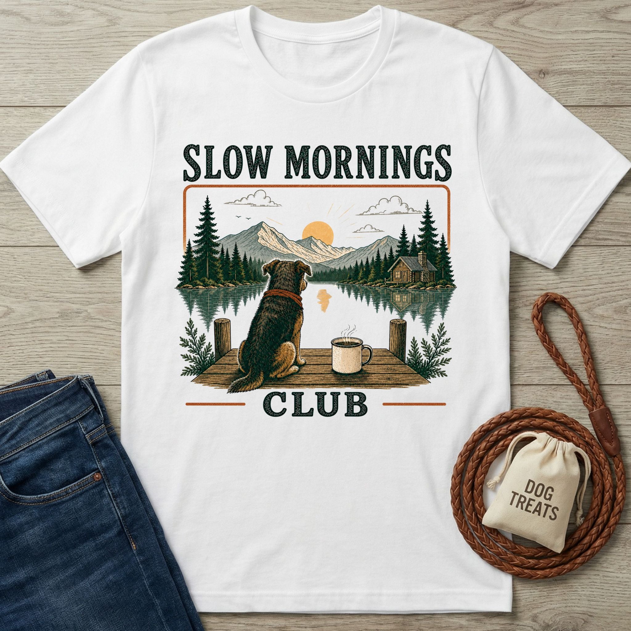 White crewneck t-shirt featuring a dog and coffee mug by a lake with a Slow Mornings Club graphic print.