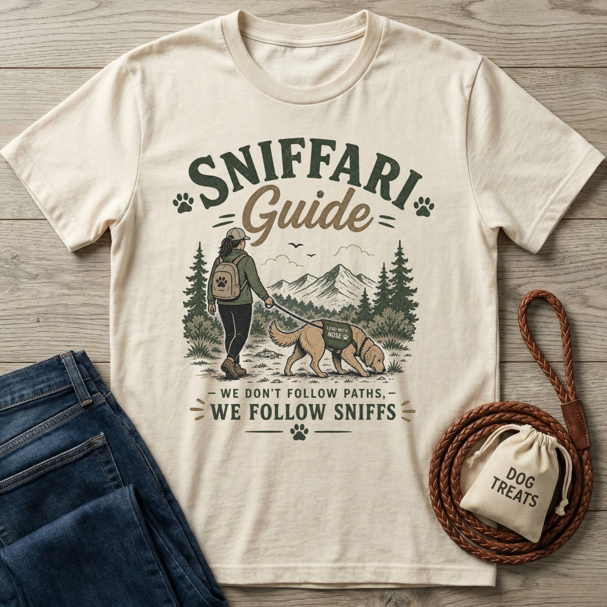 Cream-colored graphic t-shirt featuring a hiker and dog illustration with the text Sniffari Guide and We Follow Sniffs.