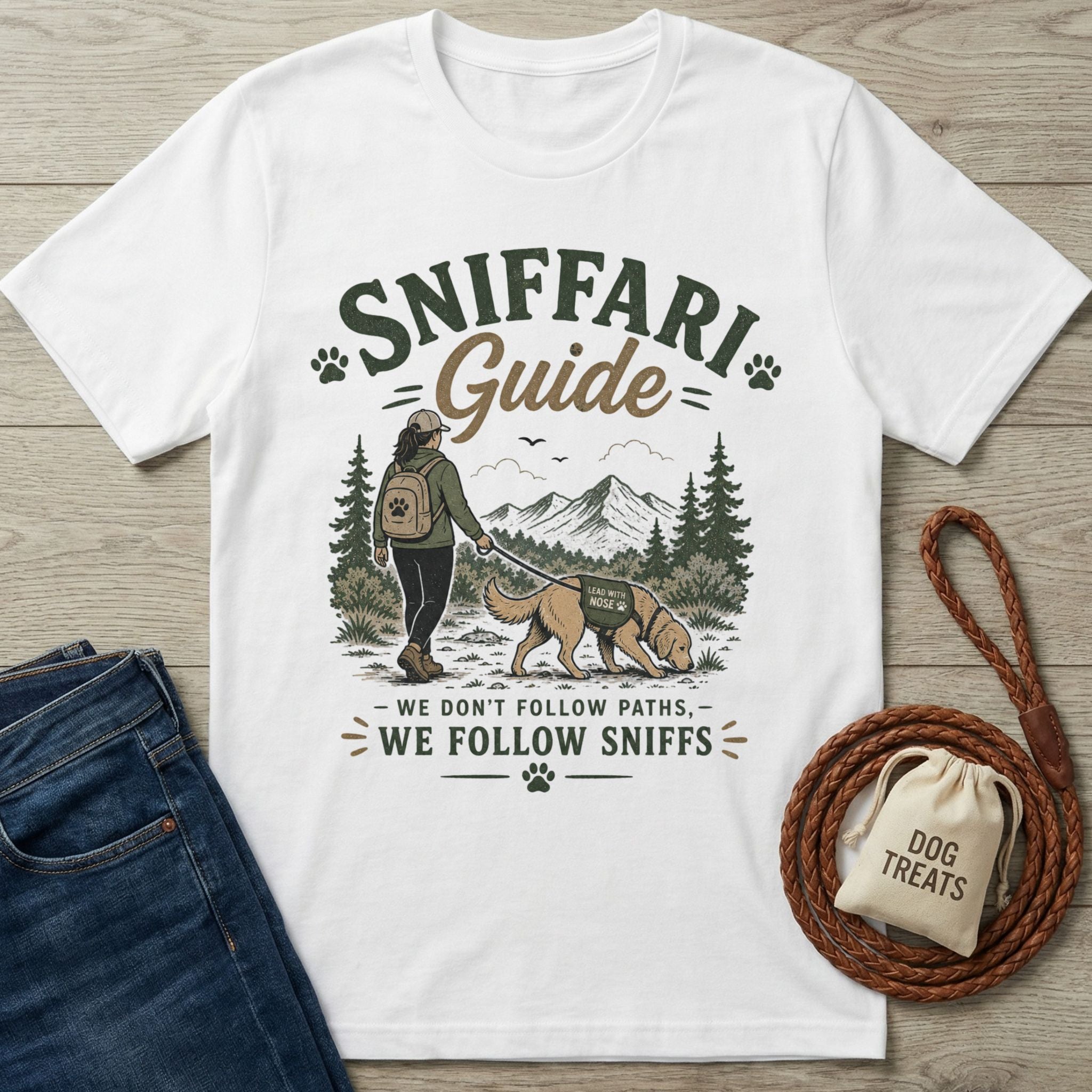 White crewneck t-shirt featuring a hiker and dog graphic with Sniffari Guide text on a wooden background.