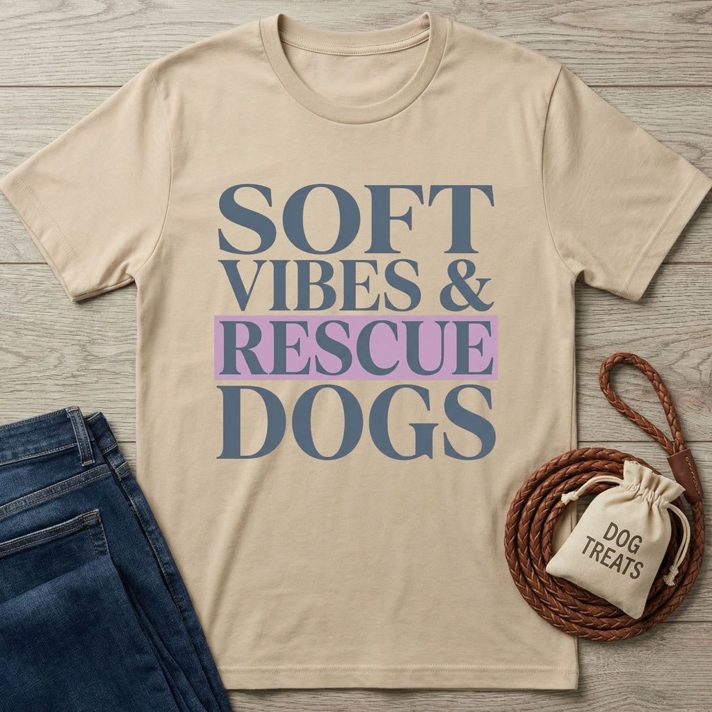 Beige Gildan Softstyle t-shirt with "SOFT VIBES & RESCUE DOGS" in blue and purple text.