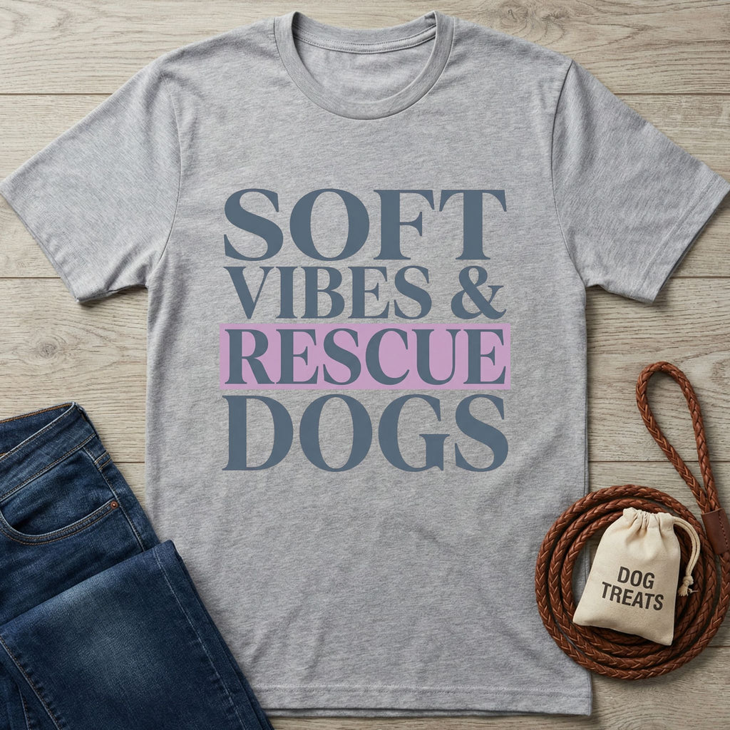 Light grey Gildan Softstyle t-shirt with "Soft Vibes & Rescue Dogs" text, styled with jeans and dog accessories.