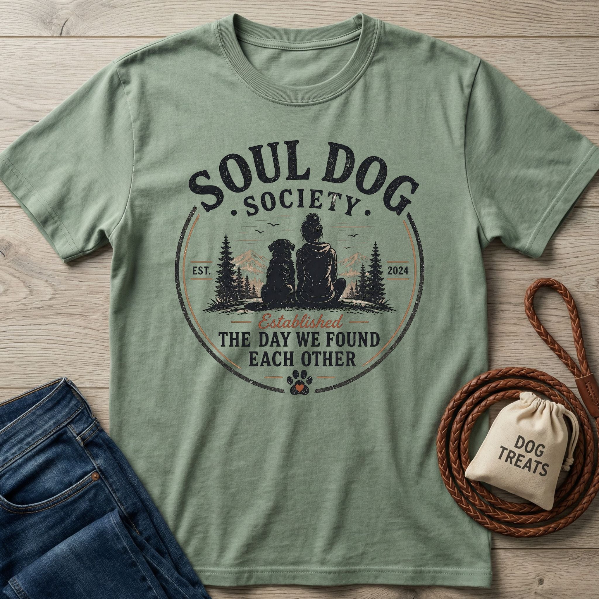Sage green Soul Dog Society Companion T-shirt with a graphic of a person and dog, on a wooden surface with jeans and dog treats.