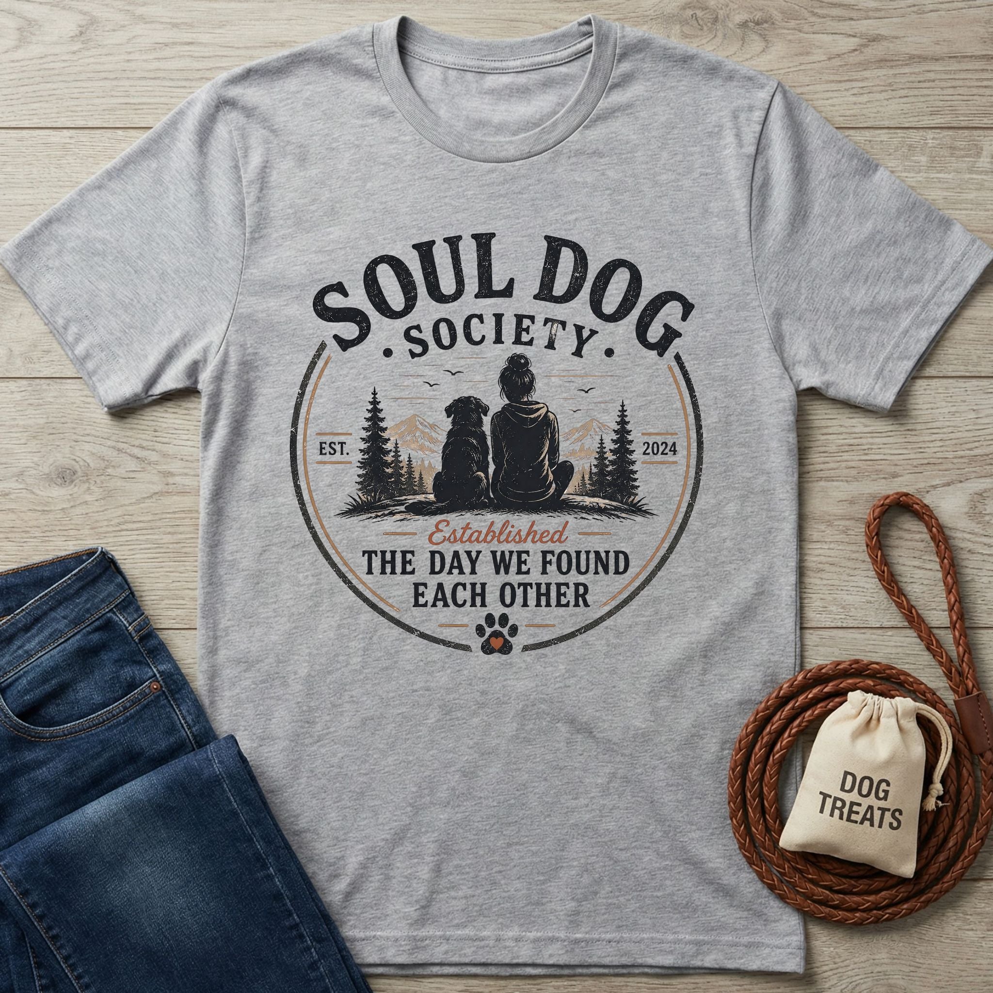 Light grey Gildan Softstyle® t-shirt with "Soul Dog Society" graphic of a person and dog, beside jeans and dog treats.