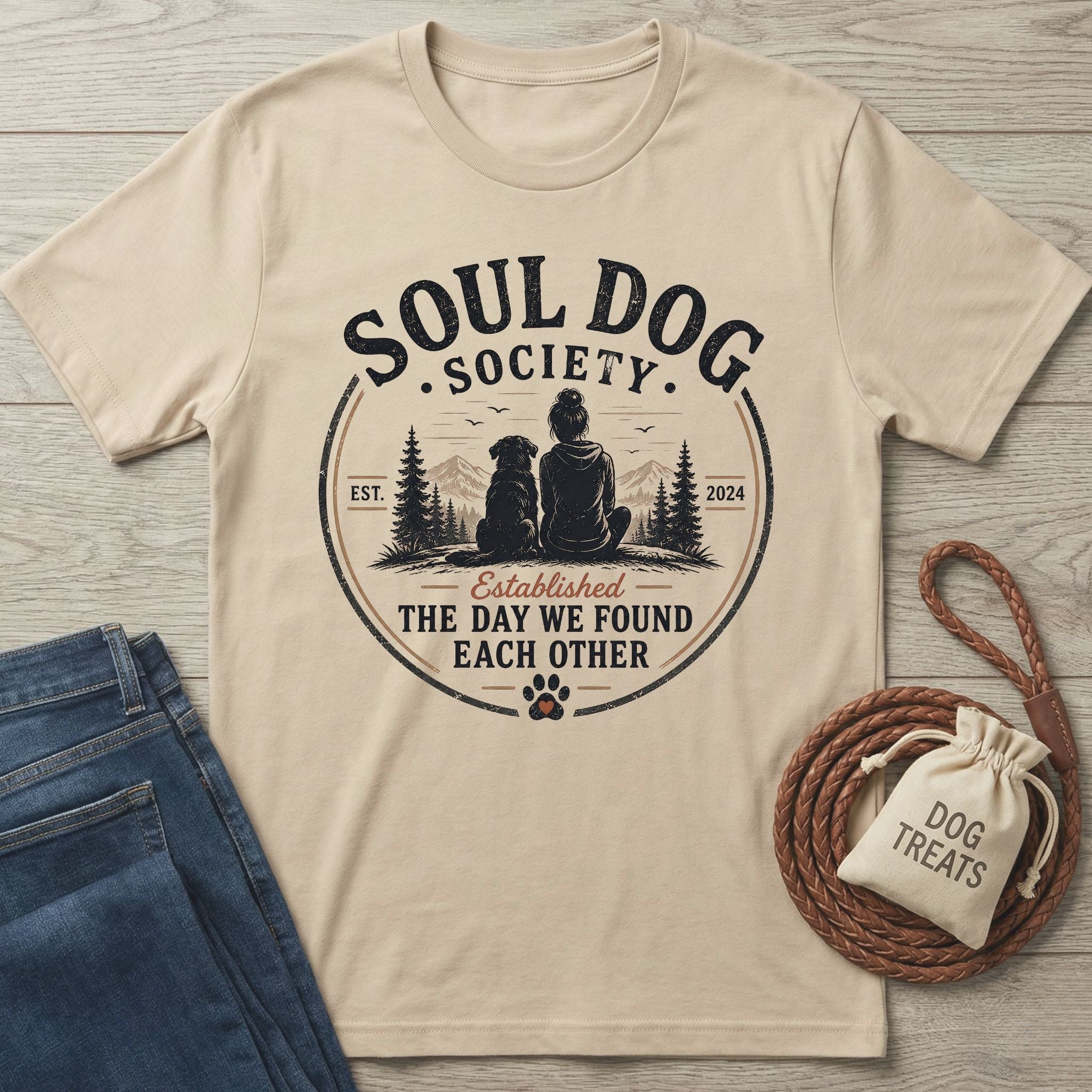Soul Dog Society Companion T-shirt in sand, featuring a graphic of a person and dog with "Established The Day We Found Each Other.