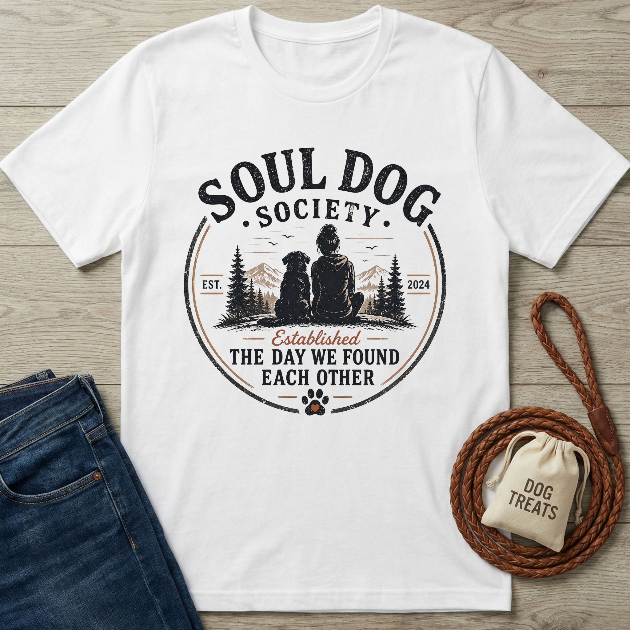 White Gildan Softstyle® 64000 t-shirt with "Soul Dog Society" graphic of a person and dog.