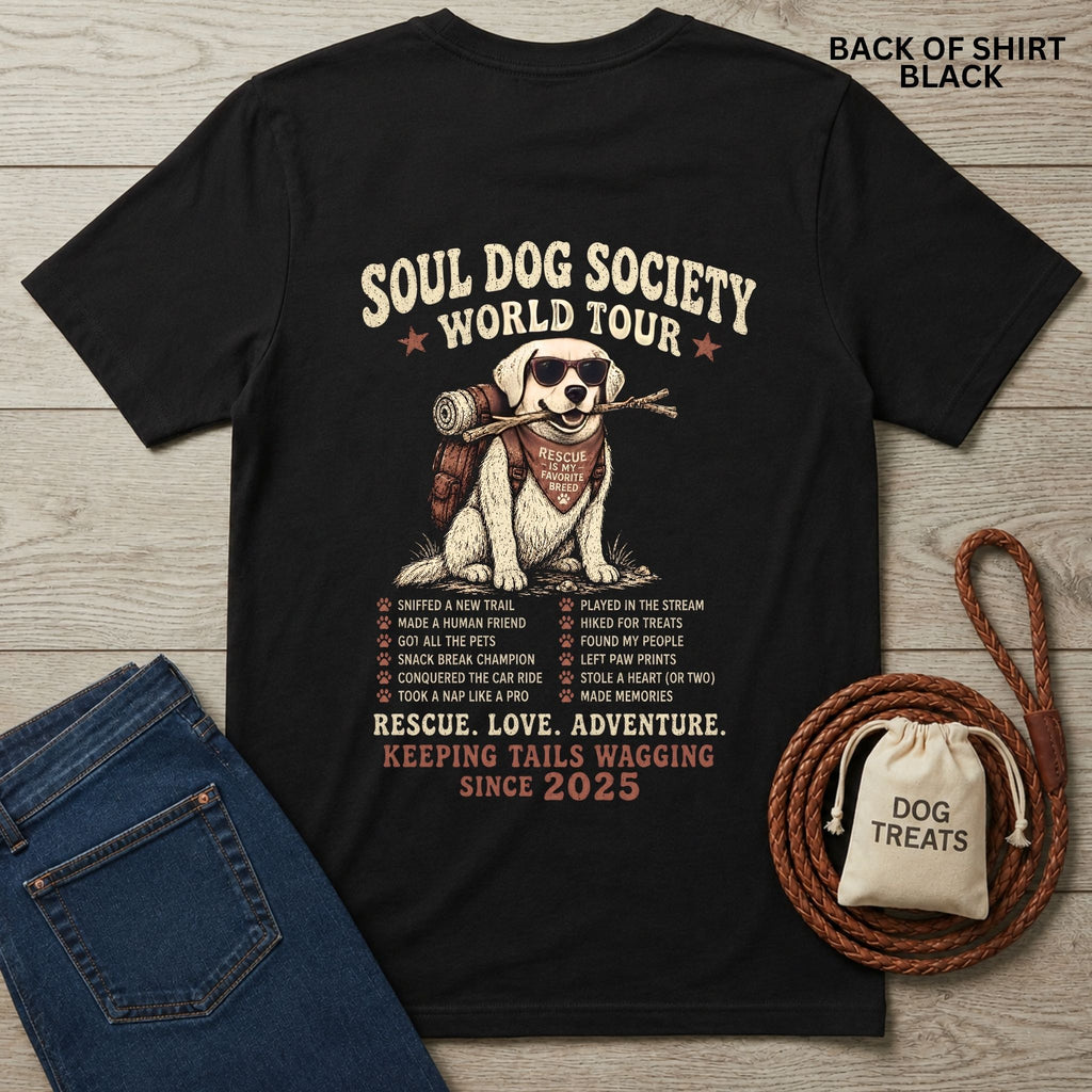 Black Soul Dog World Tour T-shirt with a graphic of a dog wearing sunglasses and a backpack, plus a list of dog adventures.