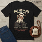 Black Soul Dog World Tour T-shirt with a graphic of a dog wearing sunglasses and a backpack, plus a list of dog adventures.