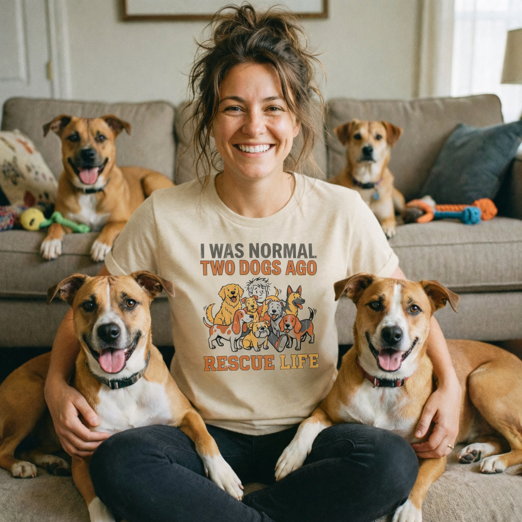 Woman sitting on a couch with four dogs, wearing a t-shirt with a dog-themed message.
