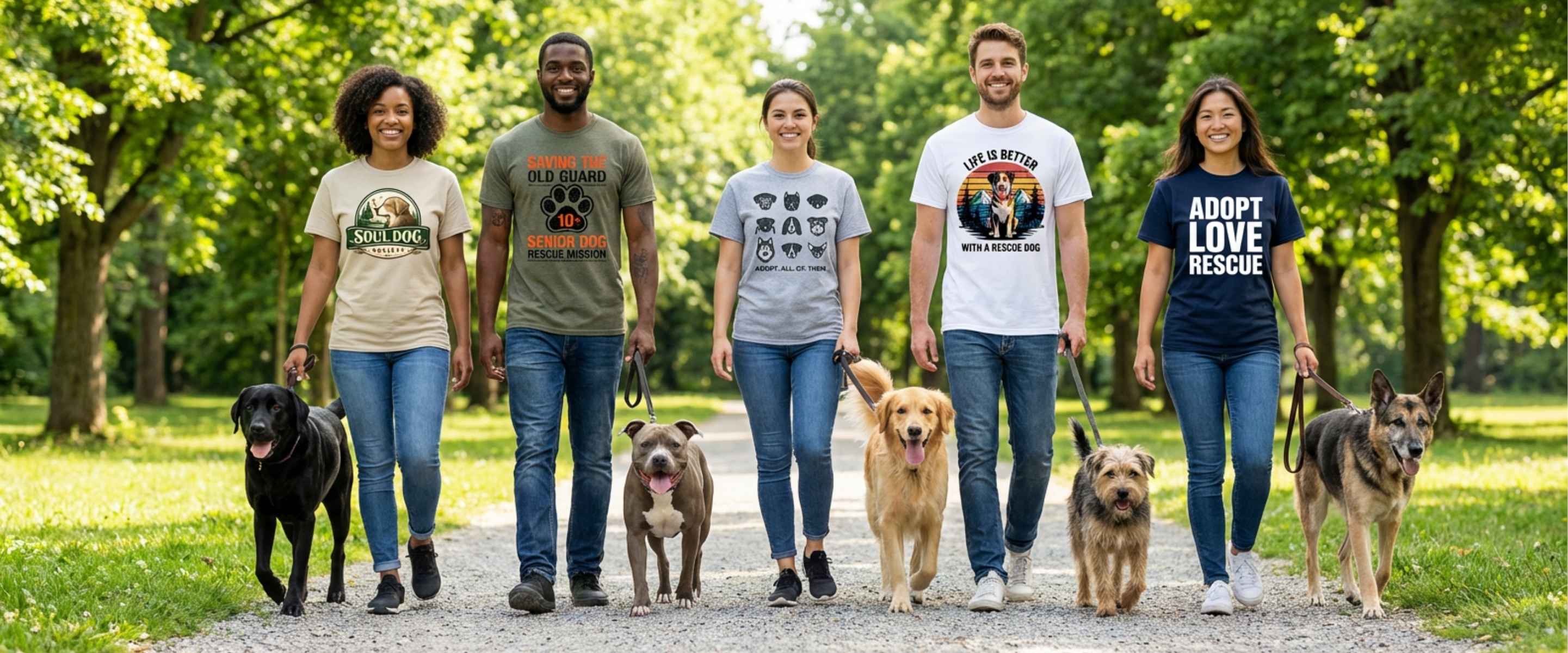 Group of people walking with dogs in a park, promoting adoption.