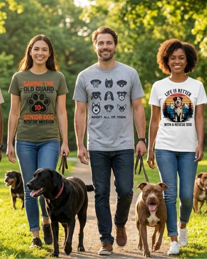 Three people walking dogs in a park, wearing t-shirts with dog-themed messages.