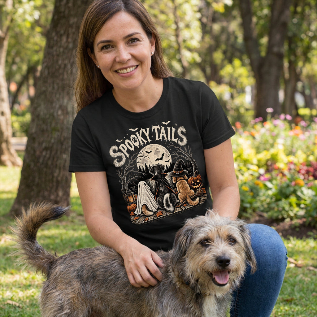 Woman wearing a black crewneck t-shirt featuring three dogs in Halloween costumes sitting under a full moon.