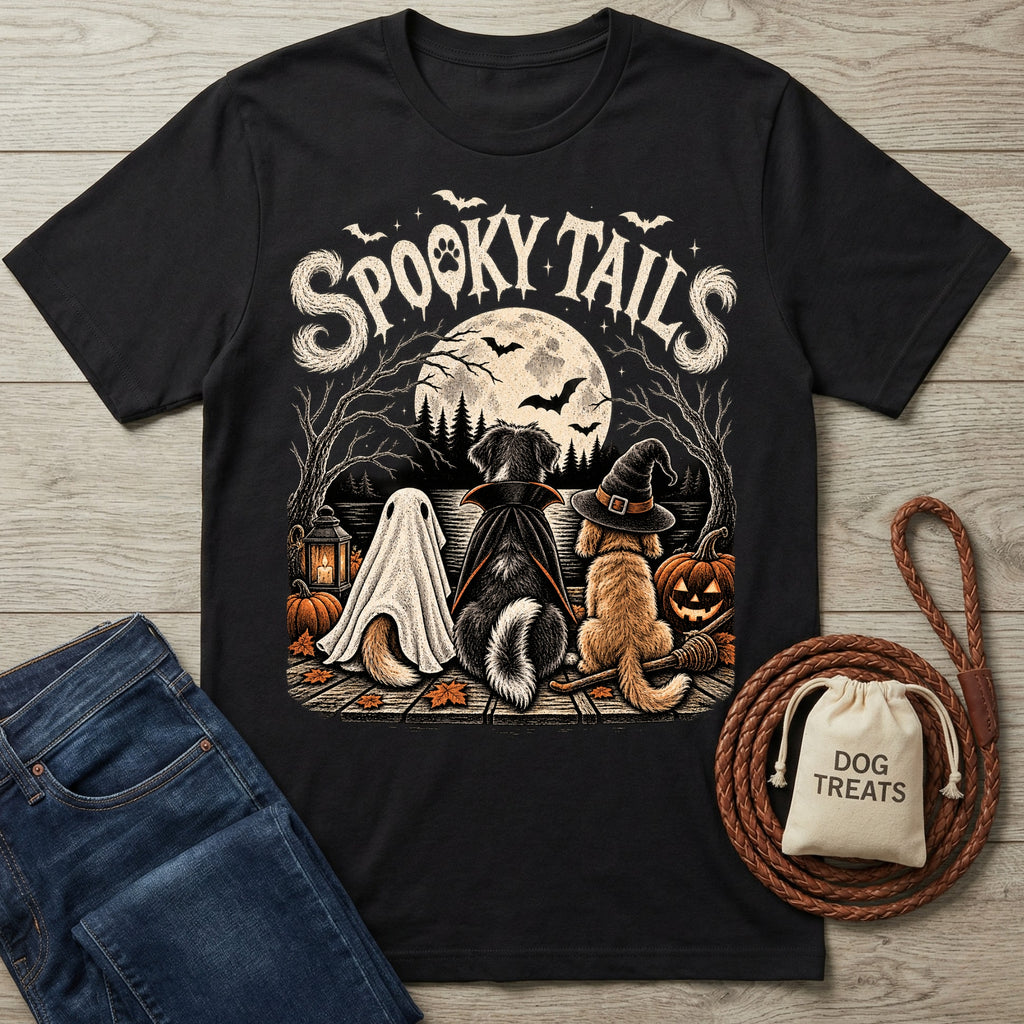 Black cotton t-shirt featuring three dogs in Halloween costumes sitting by a lake under a full moon with Spooky Tails text.