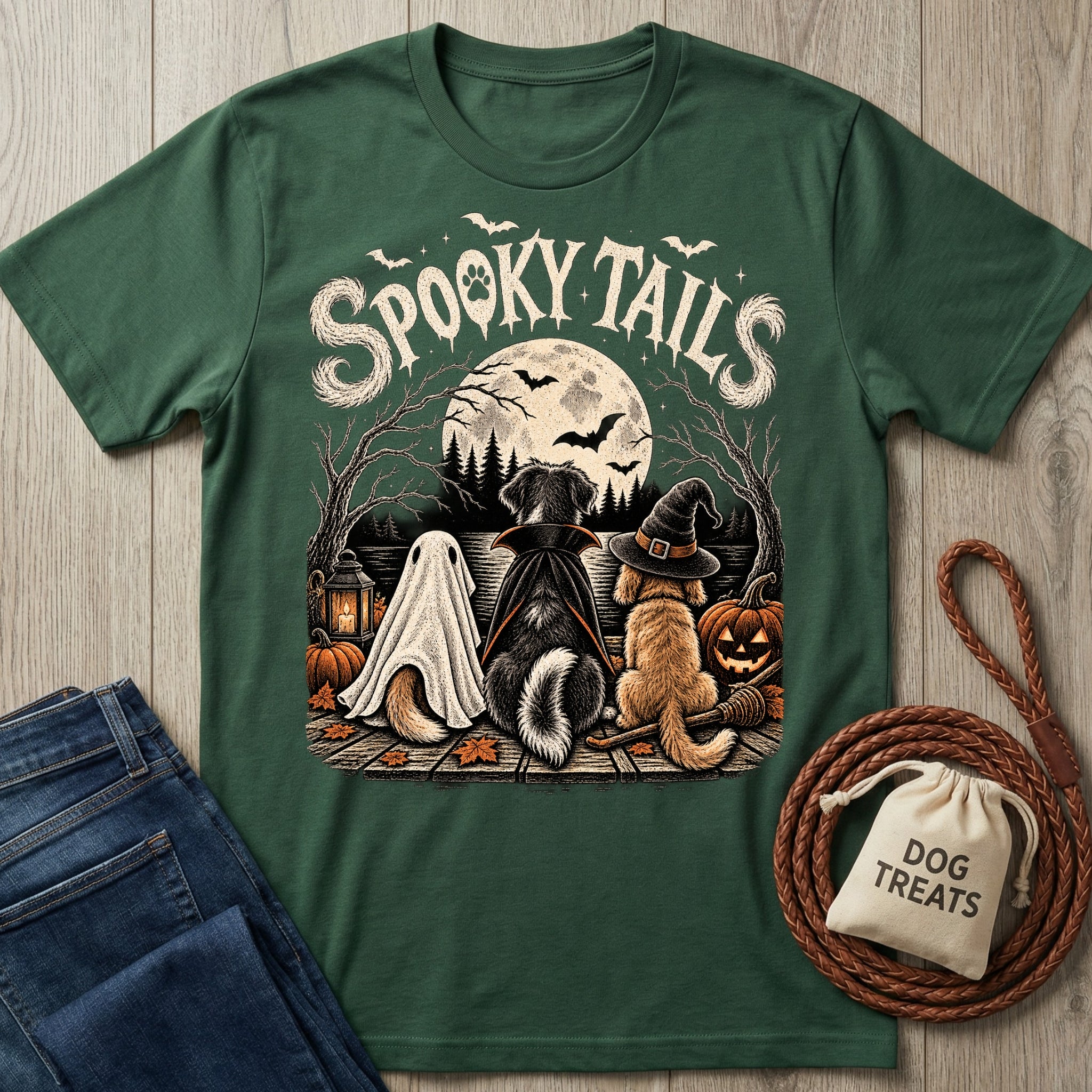 Forest green cotton t-shirt featuring three dogs in Halloween costumes sitting by a lake under a full moon.