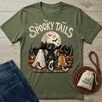 Olive green crewneck t-shirt featuring three dogs in Halloween costumes sitting by a lake under a full moon.