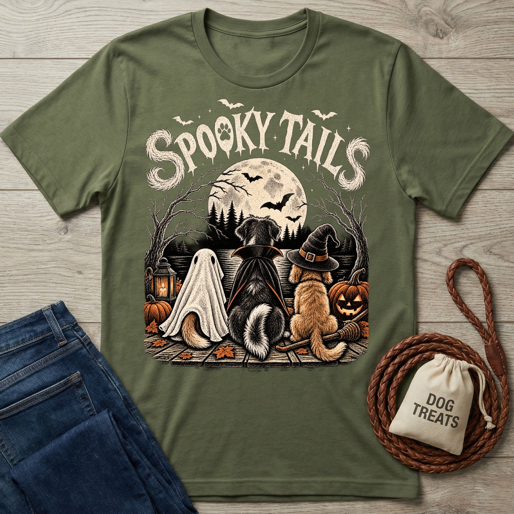 Olive green crewneck t-shirt featuring three dogs in Halloween costumes sitting by a lake under a full moon.