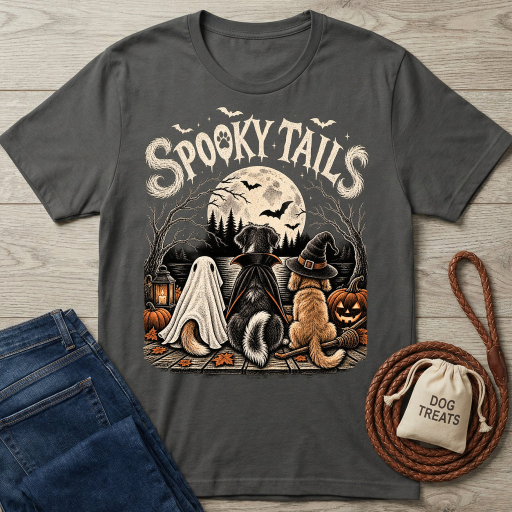 Charcoal grey cotton t-shirt featuring three dogs in Halloween costumes sitting by a lake under a full moon.