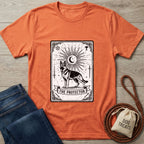 Orange Gildan Softstyle® t-shirt with "The Protector" Tarot card design featuring a German Shepherd.