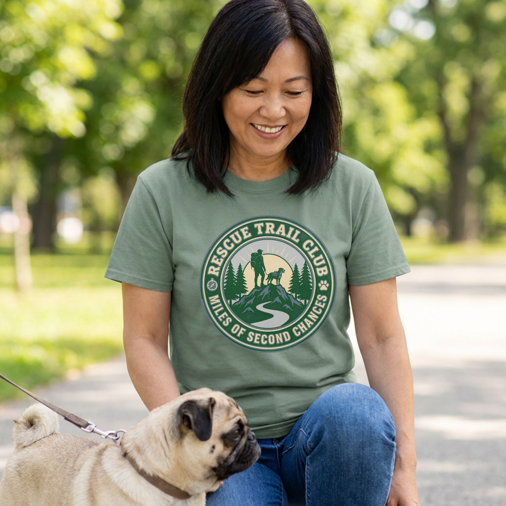 Woman in a green "Rescue Trail Club" graphic tee with a pug, promoting dog rescue.