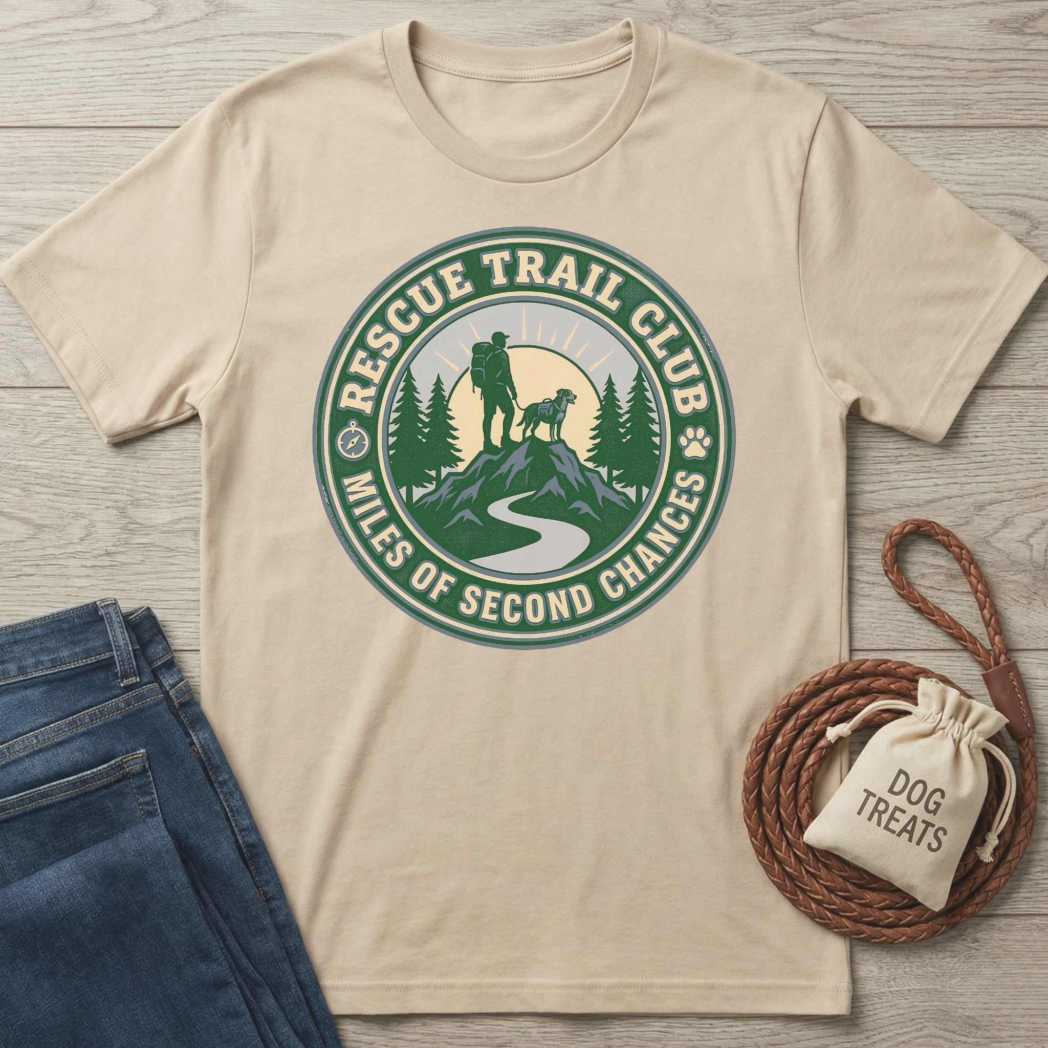 Rescue Trail Club T-shirt in natural, featuring a graphic of a hiker and dog on a mountain trail.